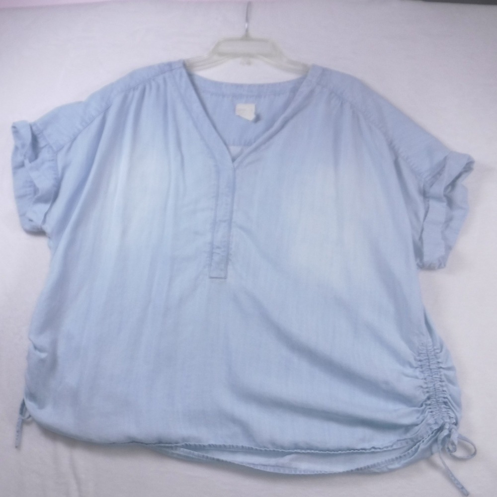 Chicos Women XXL Light Blue Tencel Lyocell Ruched Side Drawstring Blouse Top